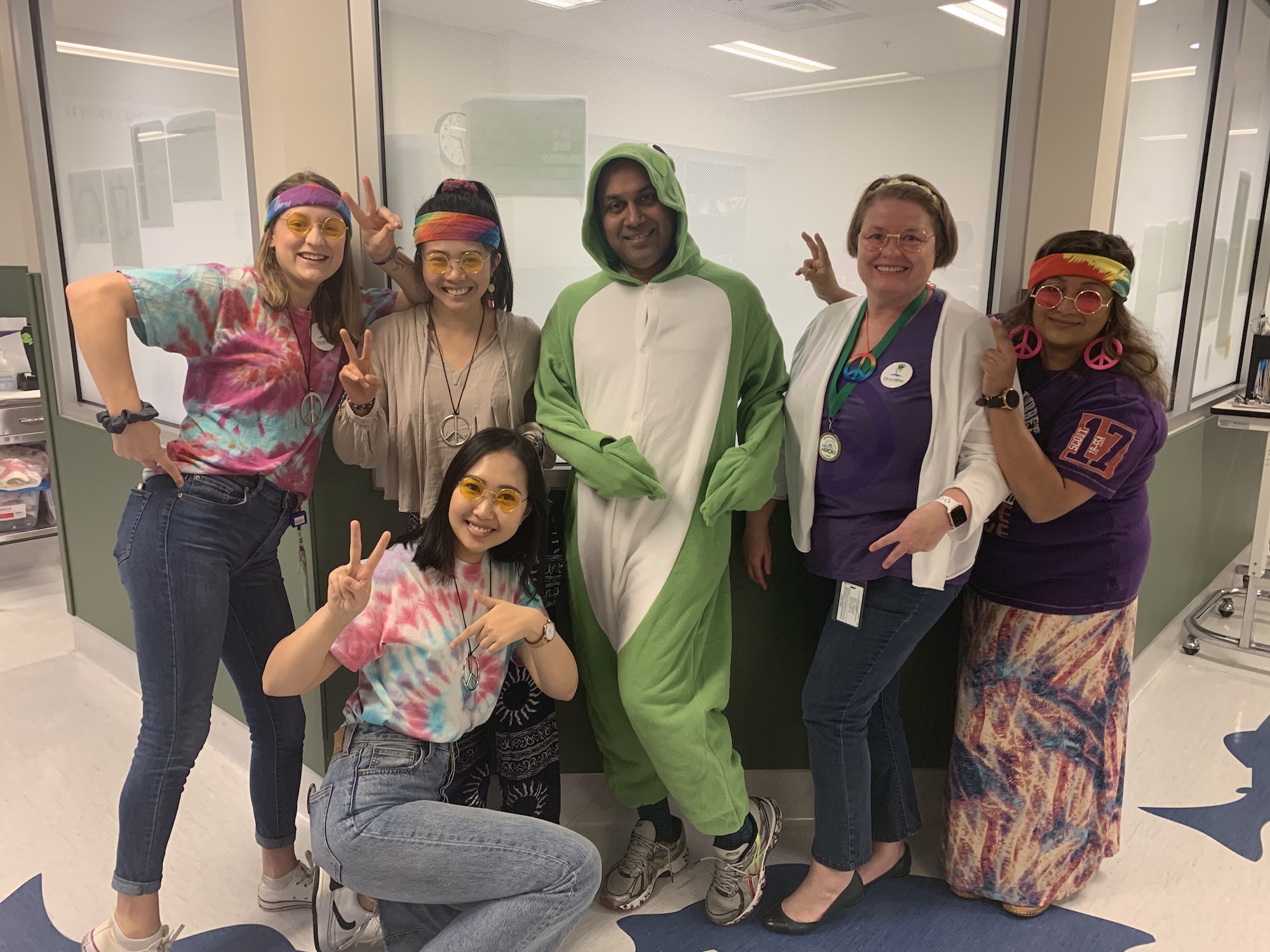 Dr. Kishore Mulpuri has a non-profit called "I'm a HIPpy" that raises money for pediatric hip conditions.The mascot for the non-profit is a frog, so he dressed up as a frog while the rest of us dressed up as HIPpies for Hallowe'en.