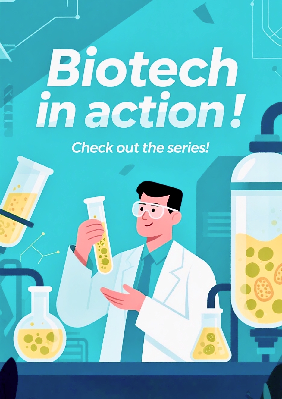 A cartoon scientist in a lab surrounded by flasks with yellow liquid in them holds a beaker with yellow liquid in it.