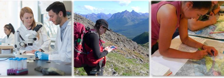 A collage of three people working on geological sciences.